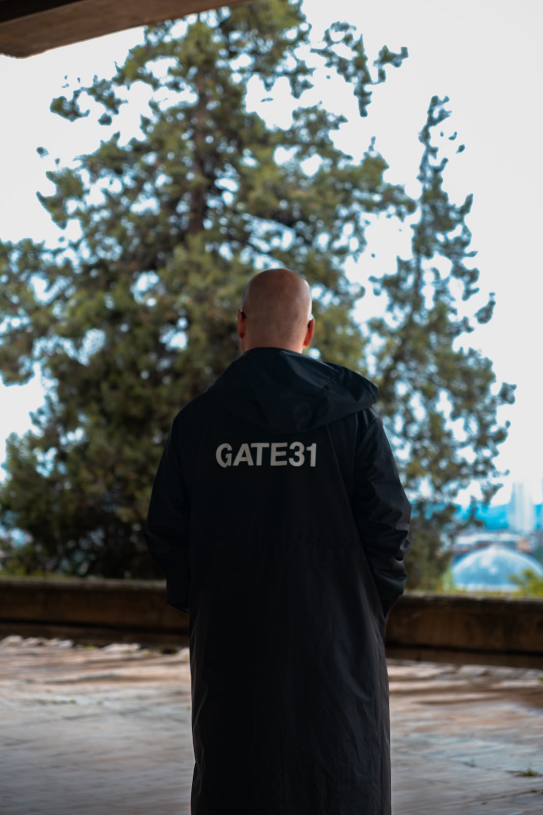 Figure in a long coat facing a tall tree