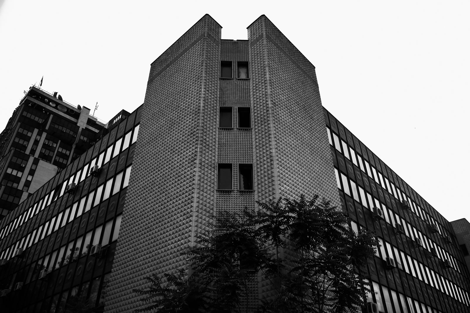 Brutalist block seen from below
